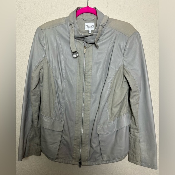 Vintage Armani Collezioni Gray Lambskin Leather and Flax Cropped Moto Jacket 14 - Picture 2 of 13